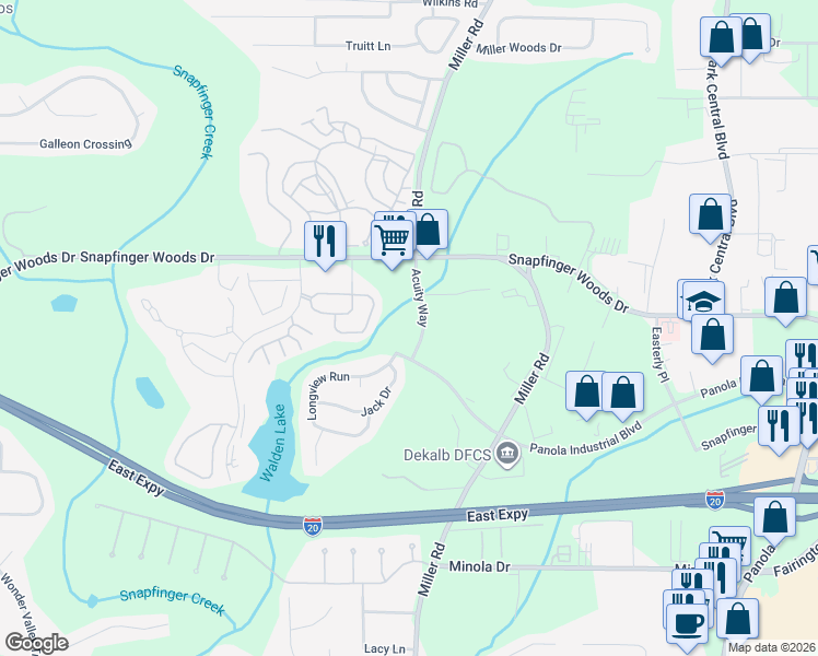 map of restaurants, bars, coffee shops, grocery stores, and more near 2620 Shellbark Road in Decatur