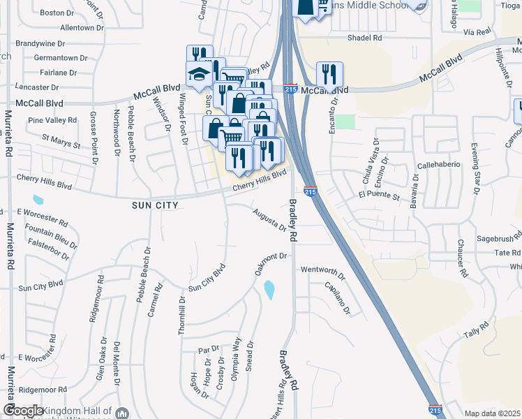 map of restaurants, bars, coffee shops, grocery stores, and more near 26860 Augusta Drive in Menifee