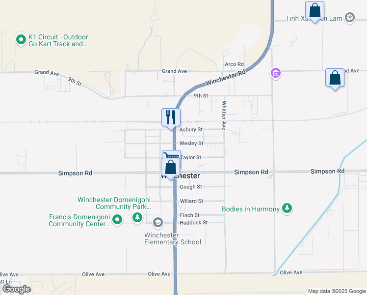 map of restaurants, bars, coffee shops, grocery stores, and more near 33043 Wesley Street in Winchester