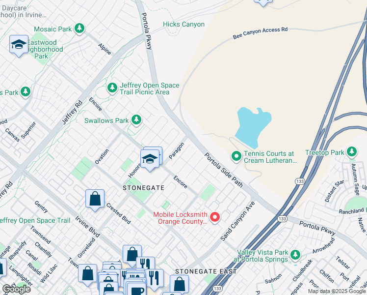 map of restaurants, bars, coffee shops, grocery stores, and more near 53 Interlude in Irvine