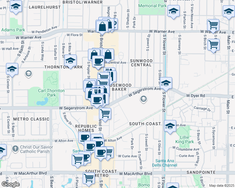 map of restaurants, bars, coffee shops, grocery stores, and more near 2725 South Baker Street in Santa Ana