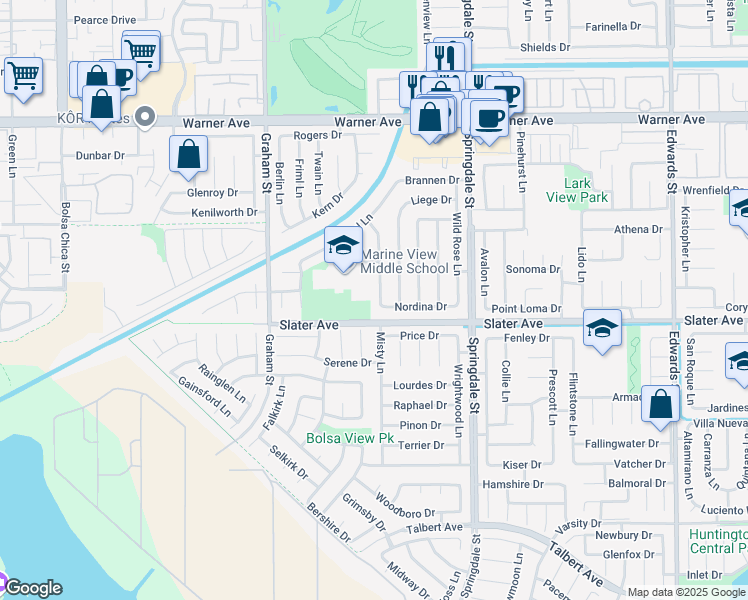 map of restaurants, bars, coffee shops, grocery stores, and more near 17431 Forbes Lane in Huntington Beach