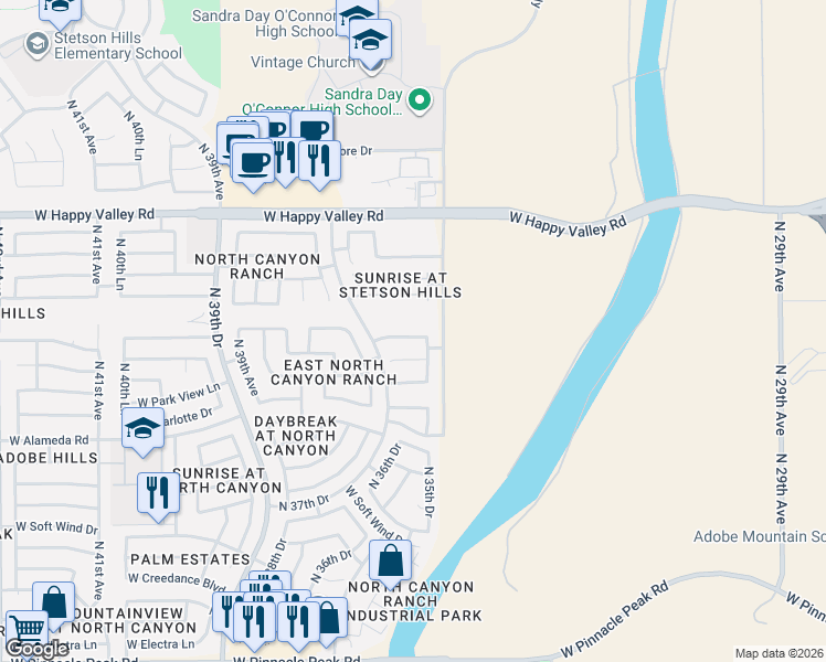 map of restaurants, bars, coffee shops, grocery stores, and more near 24615 North 35th Drive in Glendale