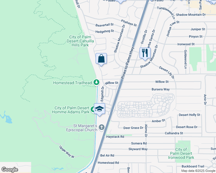 map of restaurants, bars, coffee shops, grocery stores, and more near 72664 Willow Street in Palm Desert