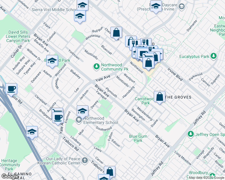 map of restaurants, bars, coffee shops, grocery stores, and more near 8 Williamsburg in Irvine