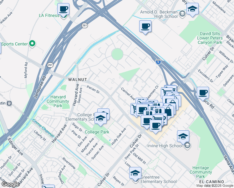 map of restaurants, bars, coffee shops, grocery stores, and more near 3662 Carmel Avenue in Irvine