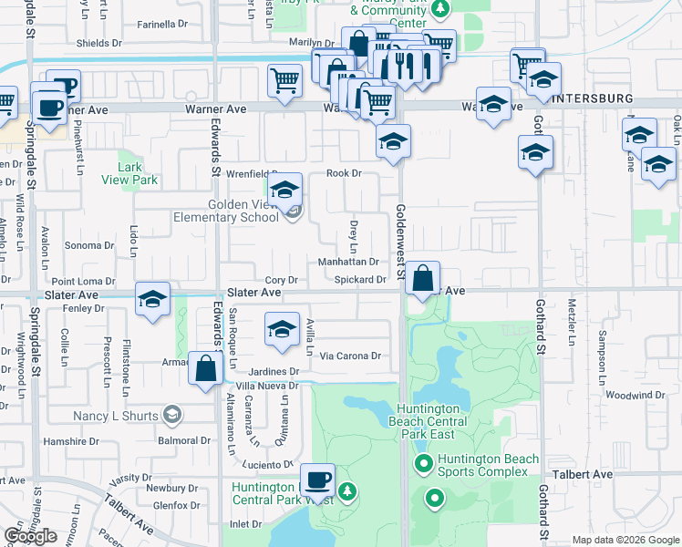 map of restaurants, bars, coffee shops, grocery stores, and more near 17392 Rob Roy Circle in Huntington Beach