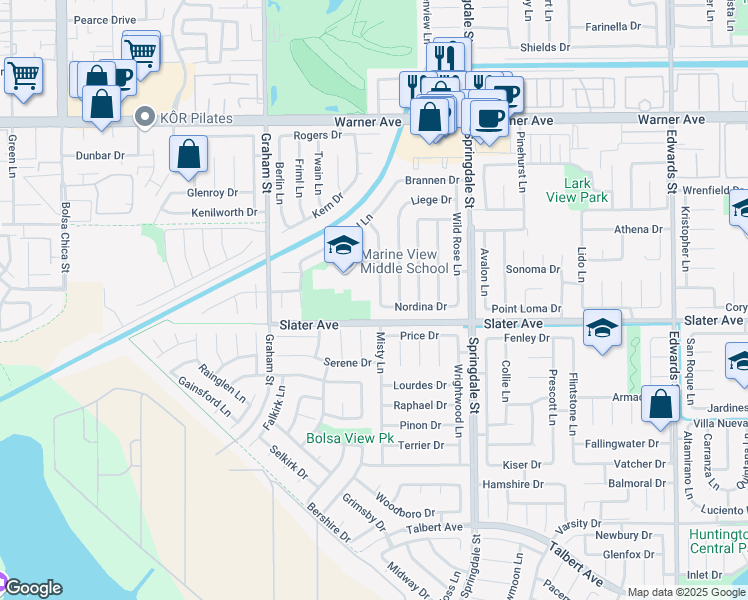 map of restaurants, bars, coffee shops, grocery stores, and more near 17431 Forbes Lane in Huntington Beach