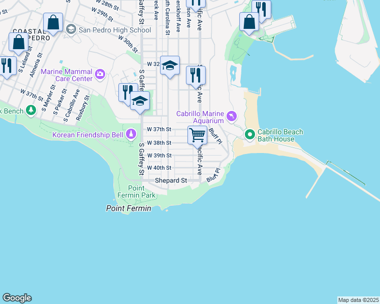 map of restaurants, bars, coffee shops, grocery stores, and more near 525 West 38th Street in Los Angeles