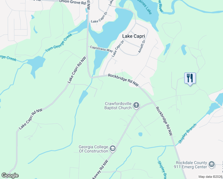 map of restaurants, bars, coffee shops, grocery stores, and more near 2480 Rockbridge Road Northwest in Conyers