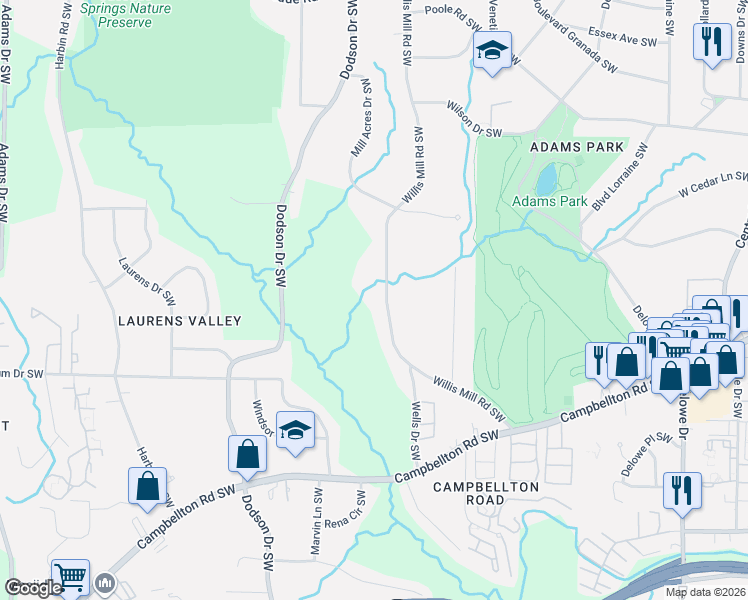 map of restaurants, bars, coffee shops, grocery stores, and more near 1685 Willis Mill Road Southwest in Atlanta