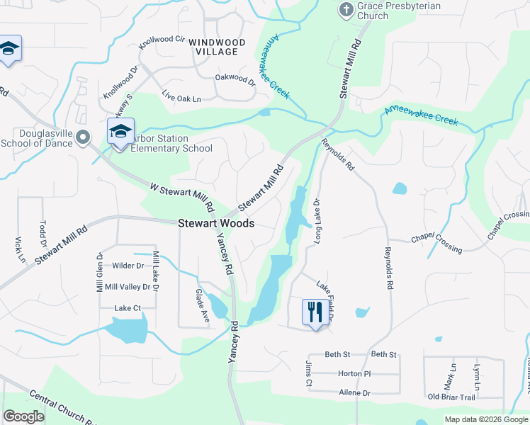 map of restaurants, bars, coffee shops, grocery stores, and more near 3550 Anna Ruby Lane in Douglasville
