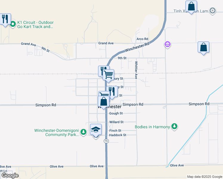 map of restaurants, bars, coffee shops, grocery stores, and more near 33043 Wesley Street in Winchester
