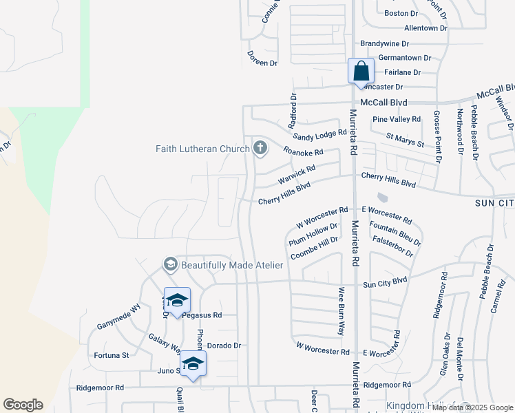 map of restaurants, bars, coffee shops, grocery stores, and more near 25621 Cherry Hills Boulevard in Menifee
