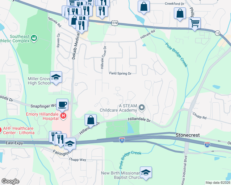 map of restaurants, bars, coffee shops, grocery stores, and more near 6136 Hillandale Drive in Lithonia
