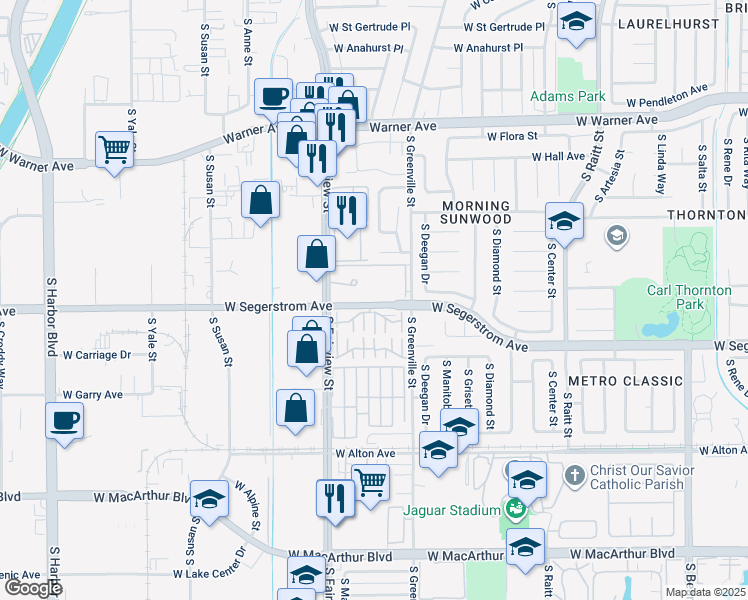 map of restaurants, bars, coffee shops, grocery stores, and more near 2859 South Fairview Street in Santa Ana