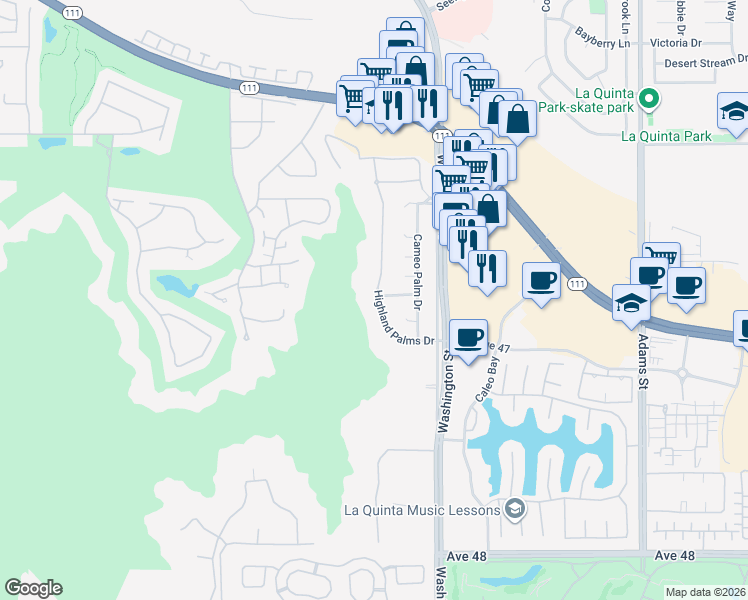 map of restaurants, bars, coffee shops, grocery stores, and more near 46735 Highland Palms Drive in La Quinta