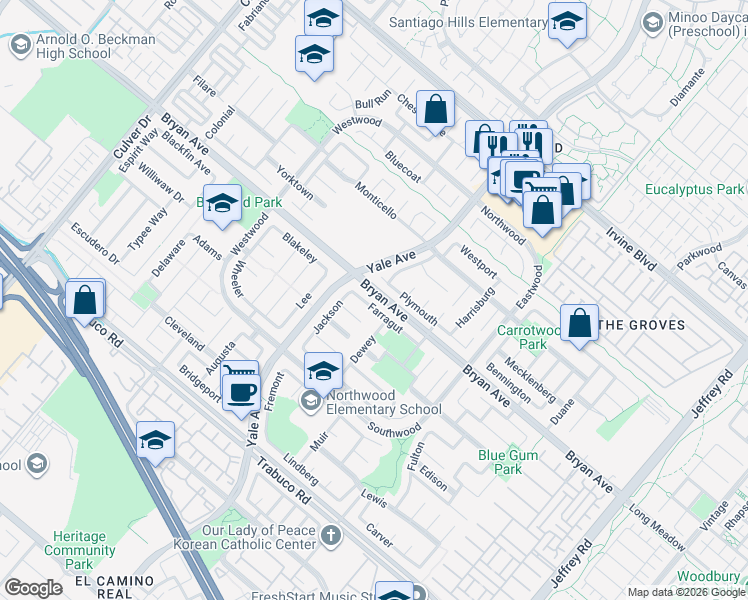 map of restaurants, bars, coffee shops, grocery stores, and more near 53 Plymouth in Irvine