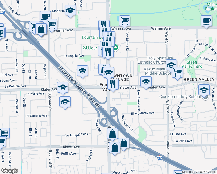 map of restaurants, bars, coffee shops, grocery stores, and more near 9429 Jasmine Avenue in Fountain Valley