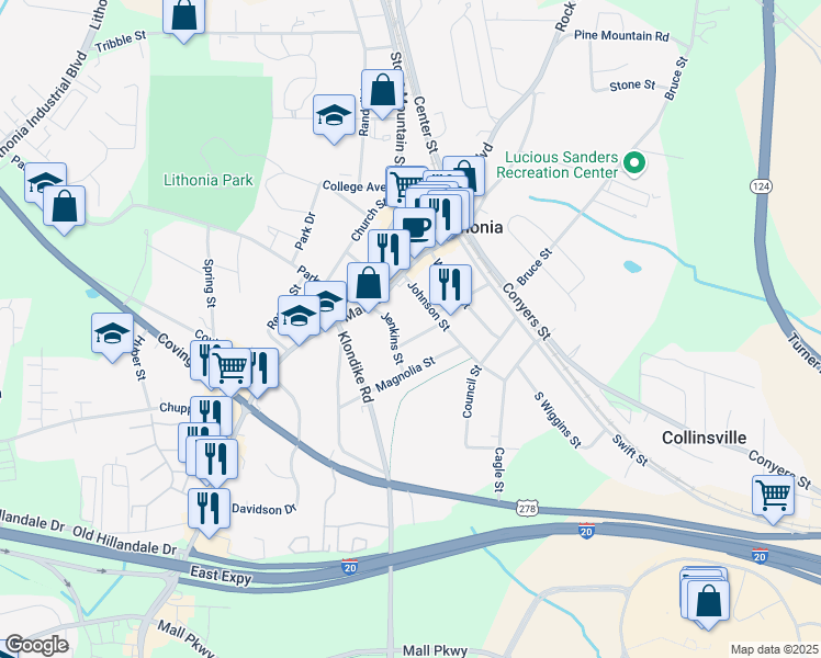 map of restaurants, bars, coffee shops, grocery stores, and more near 6860 Robinson Street in Lithonia