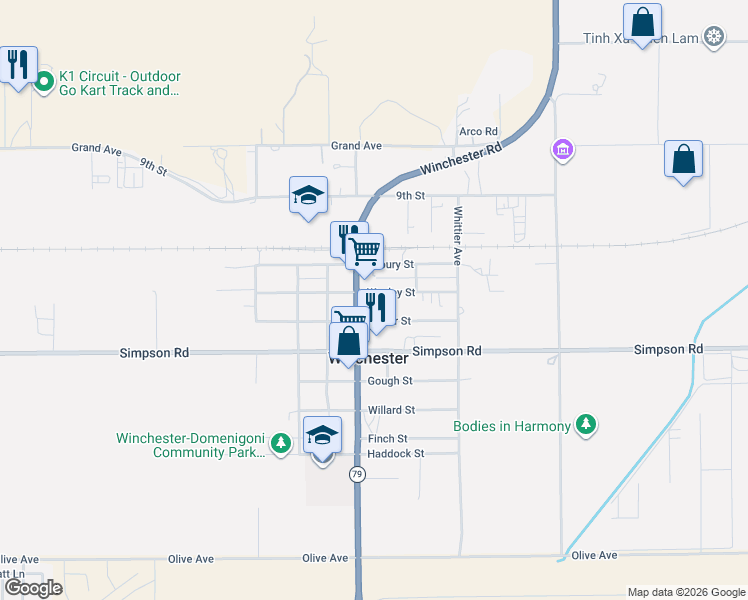 map of restaurants, bars, coffee shops, grocery stores, and more near 33048 Wesley Street in Winchester