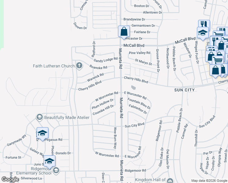 map of restaurants, bars, coffee shops, grocery stores, and more near 28195 West Worcester Road in Menifee