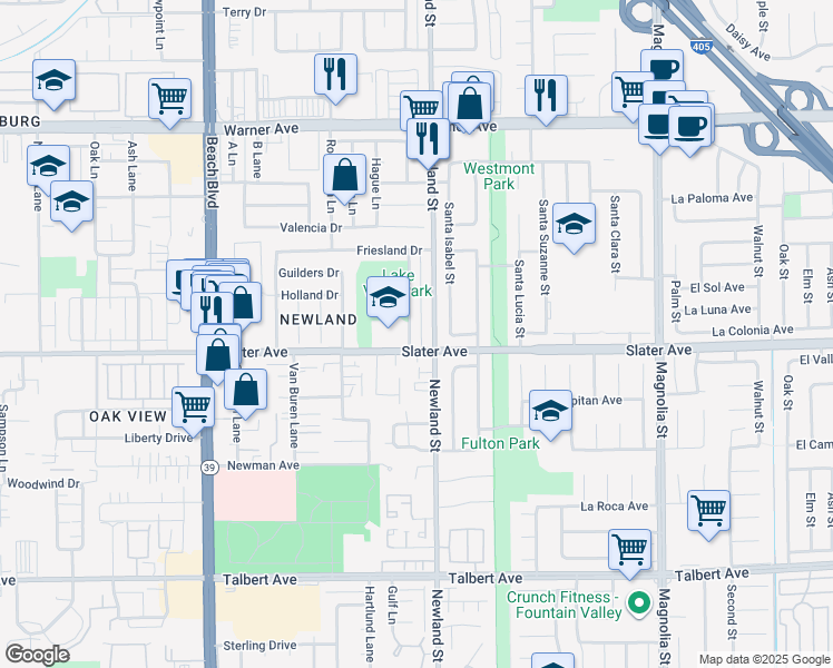 map of restaurants, bars, coffee shops, grocery stores, and more near 17401 Newland Street in Huntington Beach