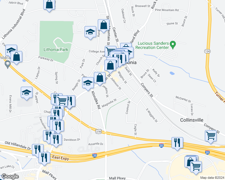 map of restaurants, bars, coffee shops, grocery stores, and more near 6880 Robinson Street in Lithonia