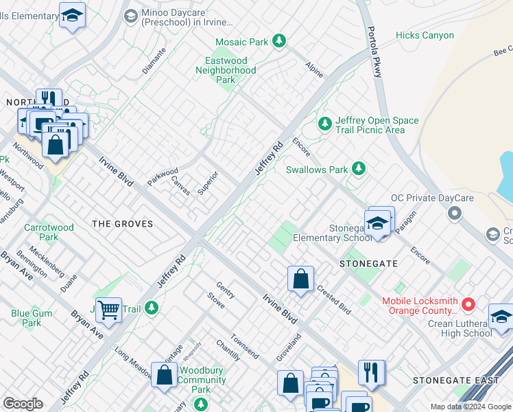 map of restaurants, bars, coffee shops, grocery stores, and more near 98 Devonshire in Irvine