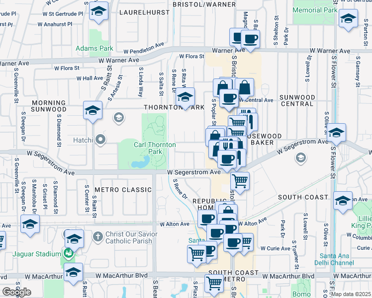 map of restaurants, bars, coffee shops, grocery stores, and more near 1533 West San Lorenzo Avenue in Santa Ana