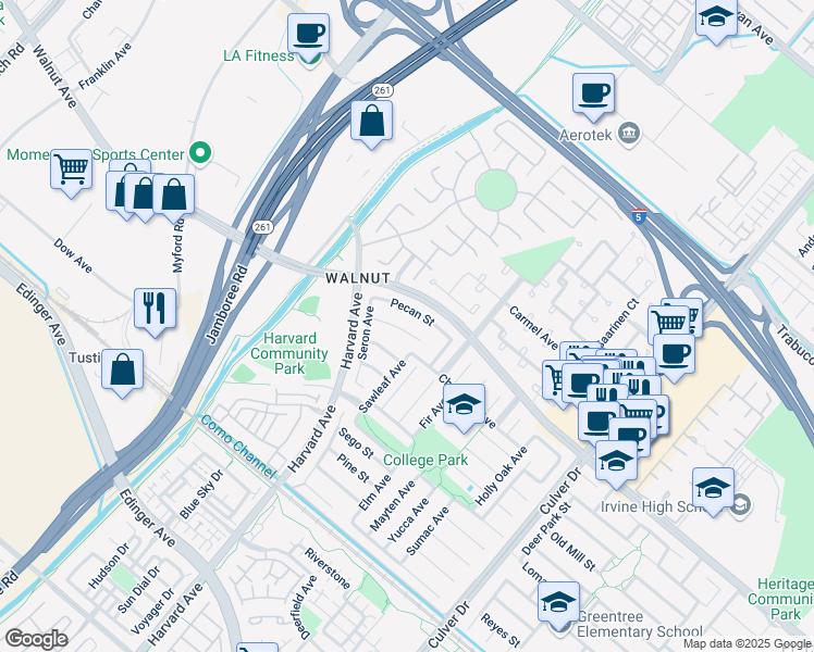 map of restaurants, bars, coffee shops, grocery stores, and more near 3462 Pecan Street in Irvine