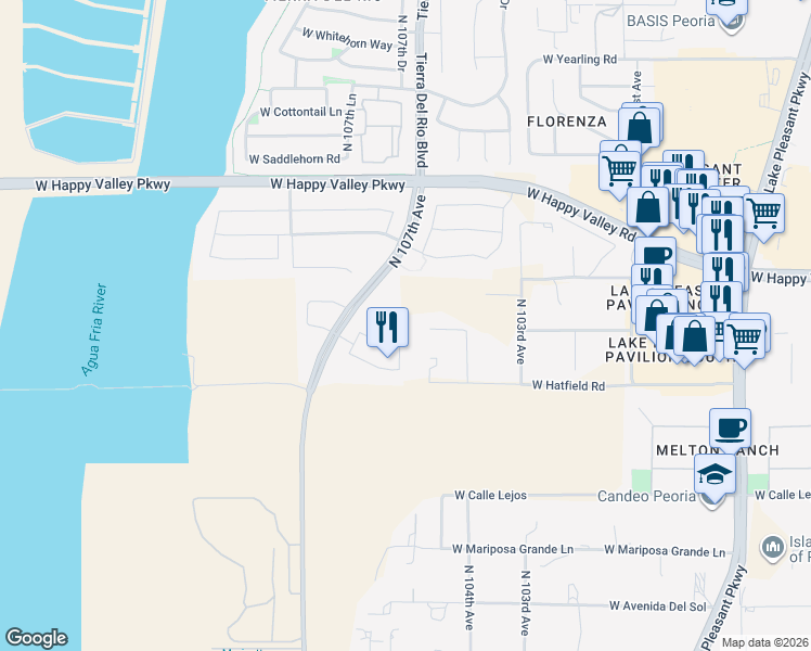 map of restaurants, bars, coffee shops, grocery stores, and more near 24815 North 106th Drive in Peoria
