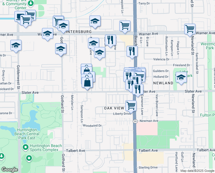 map of restaurants, bars, coffee shops, grocery stores, and more near 17431 Koledo Lane in Huntington Beach