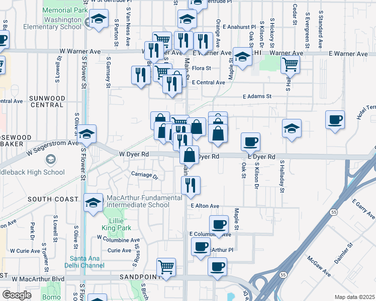 map of restaurants, bars, coffee shops, grocery stores, and more near 2800 North Main Street in Santa Ana