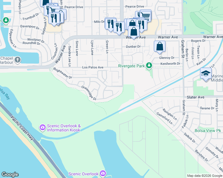 map of restaurants, bars, coffee shops, grocery stores, and more near 4901 Orleans Drive in Huntington Beach