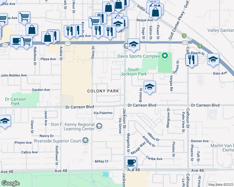 map of restaurants, bars, coffee shops, grocery stores, and more near 46700 Yorktown Street in Indio