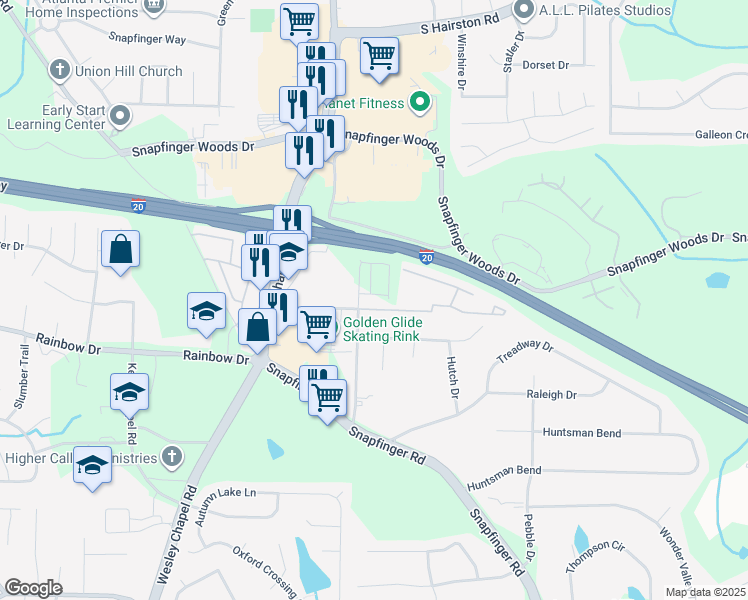 map of restaurants, bars, coffee shops, grocery stores, and more near 2636 Pleasant Wood Drive in Decatur