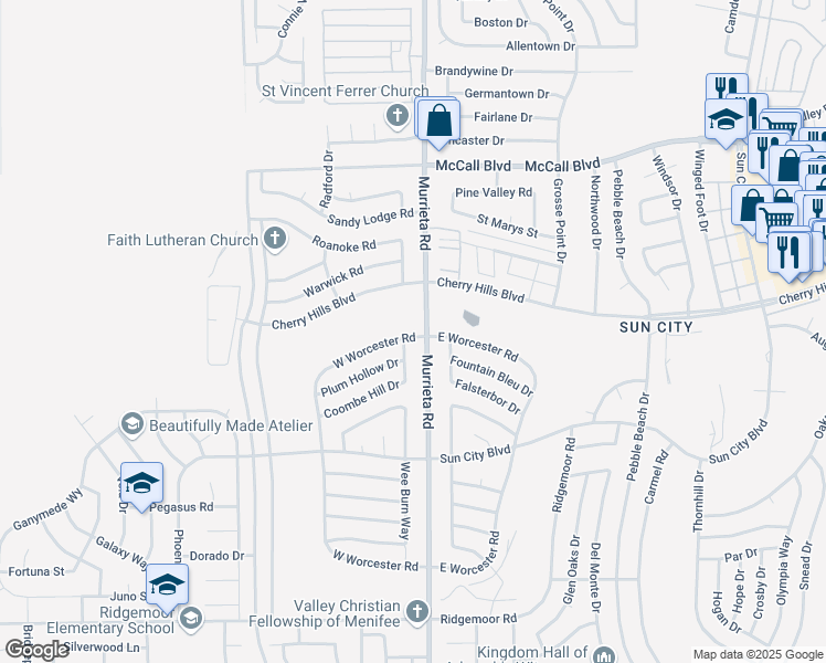 map of restaurants, bars, coffee shops, grocery stores, and more near 28183 West Worcester Road in Menifee