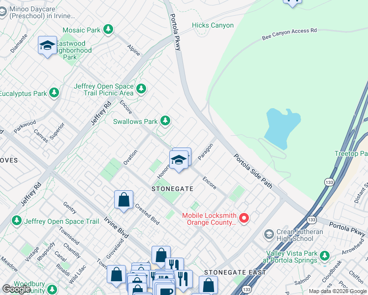map of restaurants, bars, coffee shops, grocery stores, and more near 59 Weston in Irvine