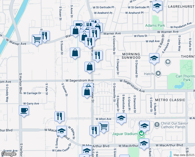 map of restaurants, bars, coffee shops, grocery stores, and more near 2847 South Fairview Street in Santa Ana