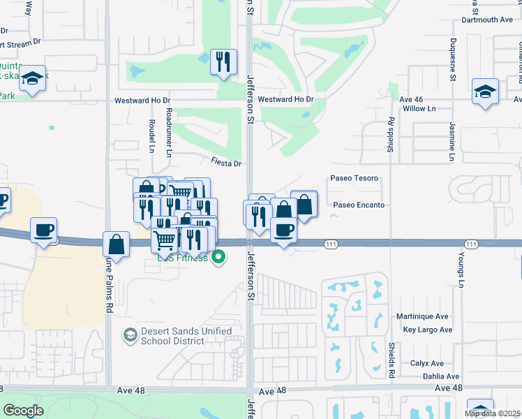 map of restaurants, bars, coffee shops, grocery stores, and more near 46896 Jefferson Street in Indio