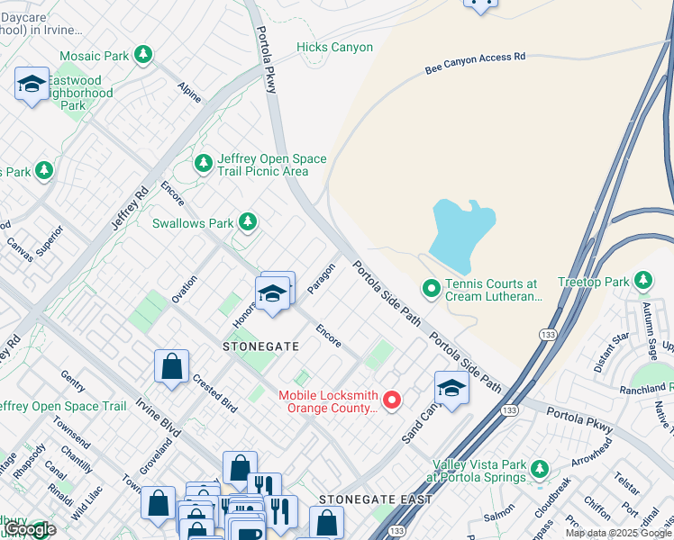 map of restaurants, bars, coffee shops, grocery stores, and more near 51 Interlude in Irvine