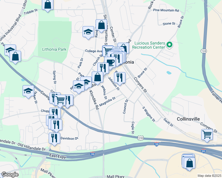 map of restaurants, bars, coffee shops, grocery stores, and more near 6884 Robinson Street in Lithonia