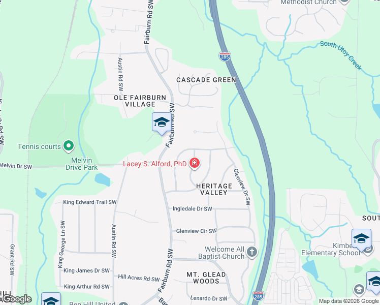 map of restaurants, bars, coffee shops, grocery stores, and more near 3499 Rolling Green Ridge Southwest in Atlanta