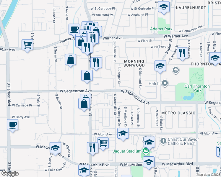 map of restaurants, bars, coffee shops, grocery stores, and more near 2875 South Fairview Street in Santa Ana