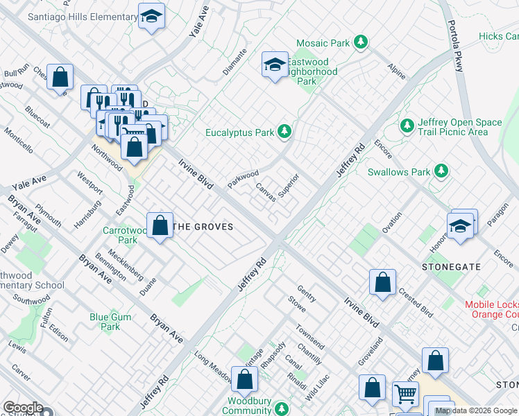 map of restaurants, bars, coffee shops, grocery stores, and more near 107 Superior in Irvine
