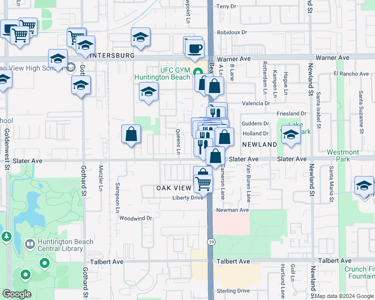 map of restaurants, bars, coffee shops, grocery stores, and more near 17412 Queens Lane in Huntington Beach