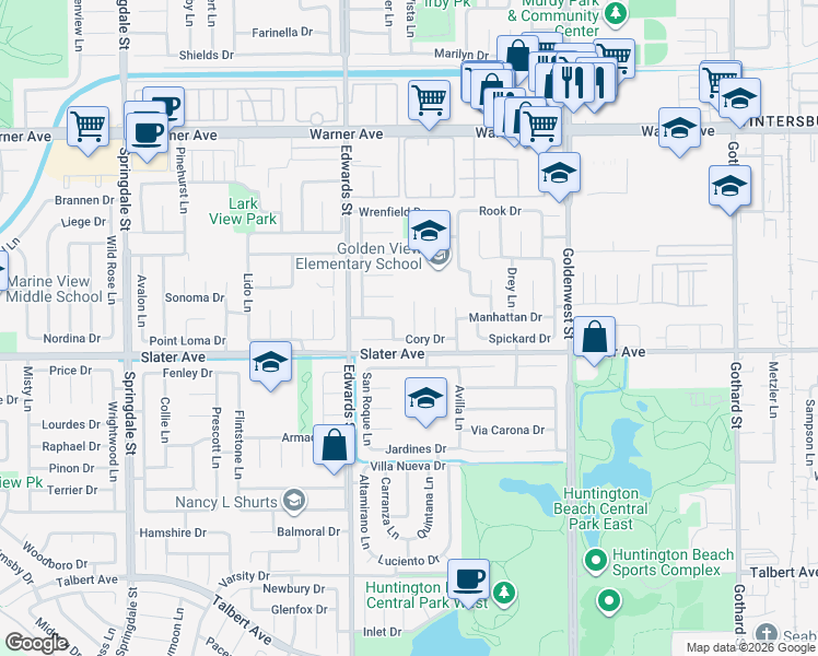 map of restaurants, bars, coffee shops, grocery stores, and more near 17402 Jepsen Circle in Huntington Beach