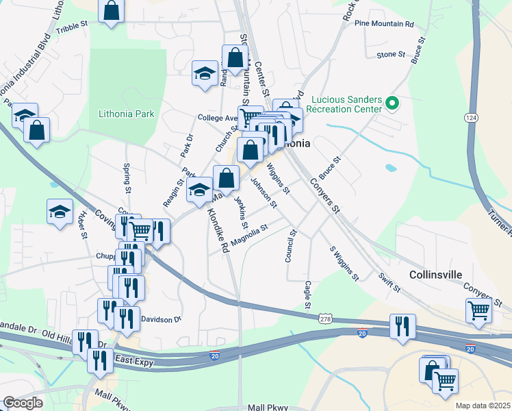 map of restaurants, bars, coffee shops, grocery stores, and more near 6880 Robinson Street in Lithonia