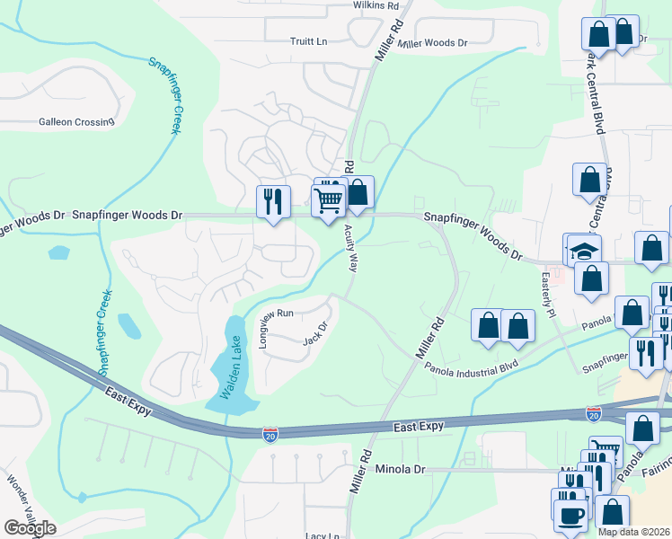 map of restaurants, bars, coffee shops, grocery stores, and more near 2620 Shellbark Road in Decatur
